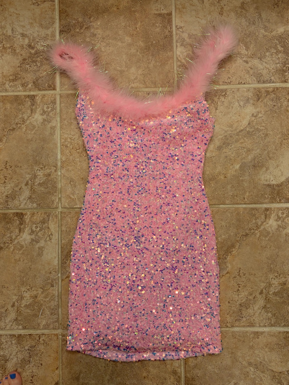 B Darlin Pink Sequin Mini Homecoming Party Dress with Feather Trim